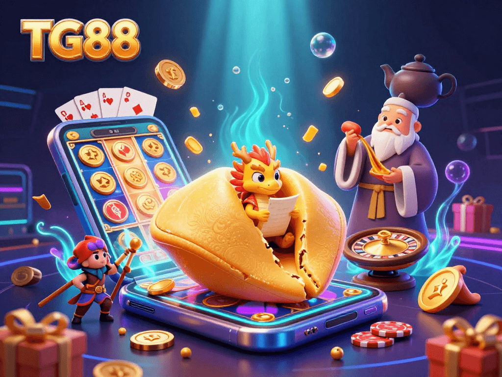 Bet and win at TG88 with a dynamic scene featuring casino games and animated fortune cookies.