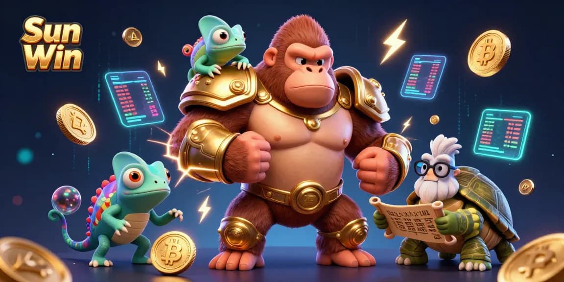 Experience Sun Win with a powerful gorilla in golden armor, crypto coins, and vibrant gaming elements.