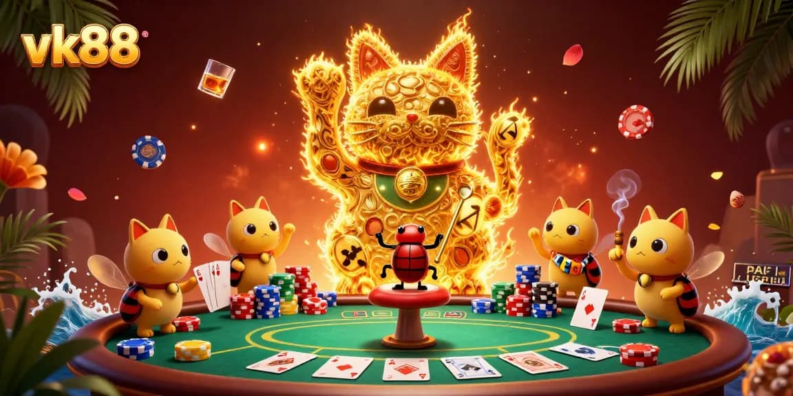 Experience the excitement of vk88 with vibrant casino elements and an animated lucky cat.