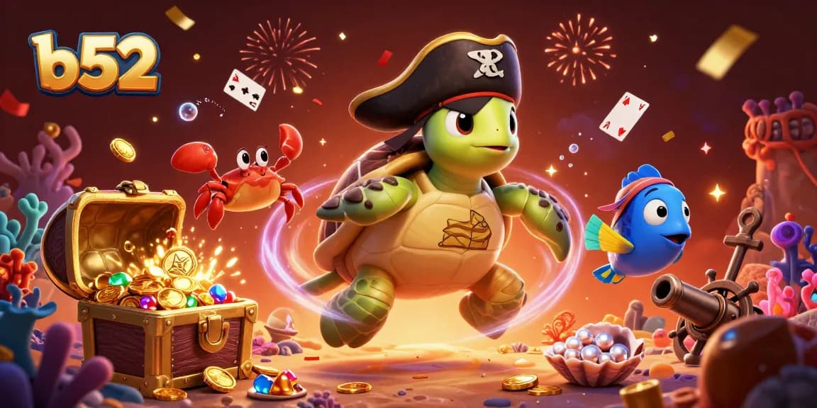Join the b52 online casino adventure with pirate turtle and friends amid treasure and excitement.