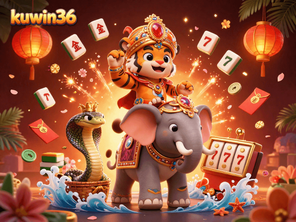 Experience thrilling gameplay with kuwin36 as the maharaja tiger and his companions celebrate victory in this vibrant casino scene.