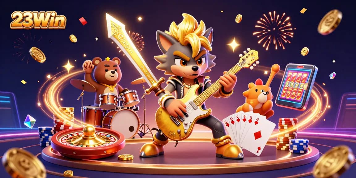 Experience the excitement at 23Win with vibrant casino elements showcasing a rock star performance.