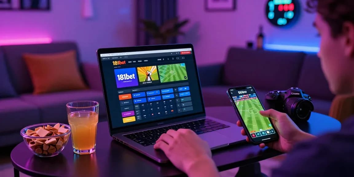 Engaging 181bet online betting experience with lively atmosphere, laptop and smartphone in a cozy setting.