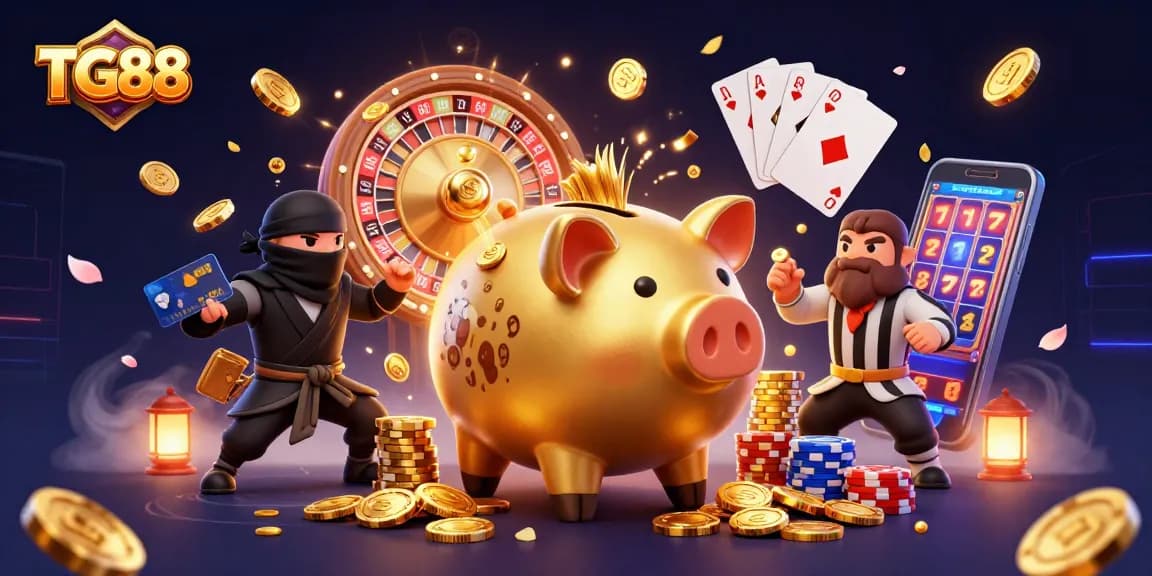 Experience thrilling gameplay at TG88 with a dynamic scene of a golden piggy bank, wallet ninja, and samurai at a casino.