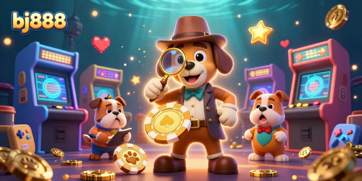 Uncover the treasures of bj888 with a colorful casino scene featuring a detective and a bulldog.