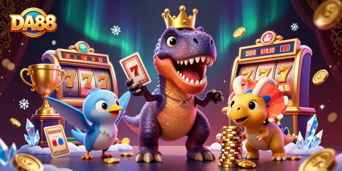 DA88 lively cartoon T-Rex shuffles cards in a casino-themed 3D illustration filled with gambling elements.