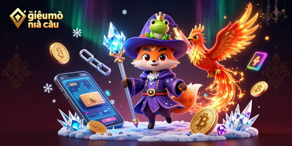 Engage in giải mã nhà cái with a mystical scene of a wizard fox and a phoenix amidst crypto coins.