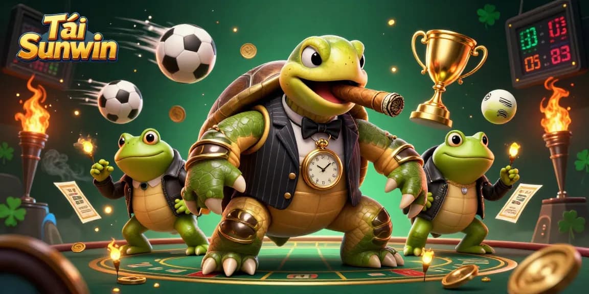 Tải Sunwin with a snapping turtle mobster and bullfrog enforcers surrounded by vibrant sports betting elements.