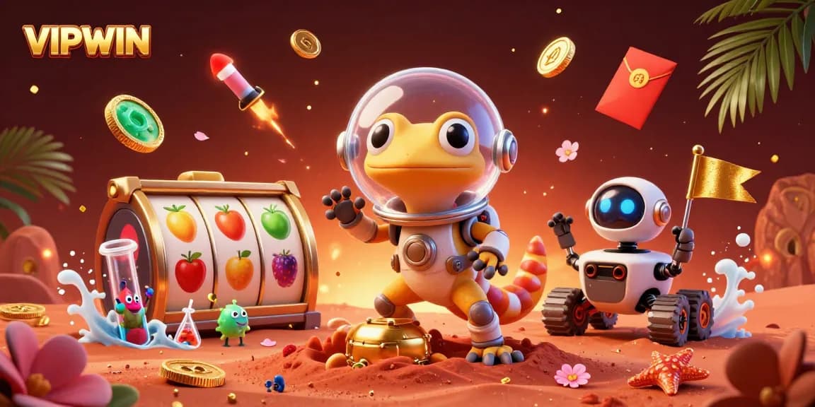 Engage with VIPWIN's thrilling gaming experience through a vibrant 3D illustration filled with excitement.