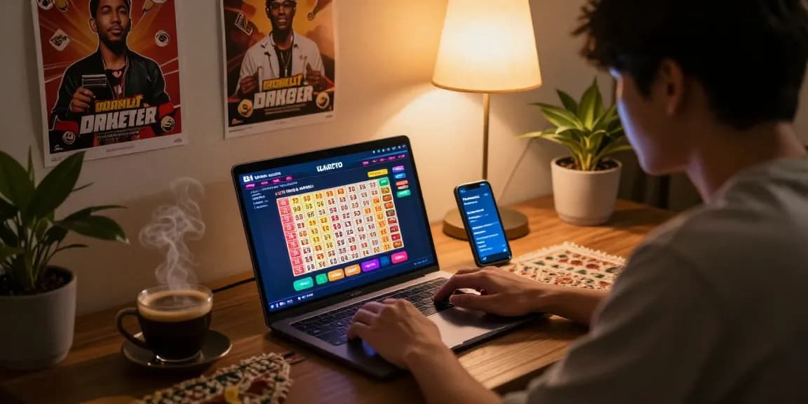 Player engaging with ULARTOTO togel on laptop in a cozy home setup, showcasing a vibrant gaming interface.