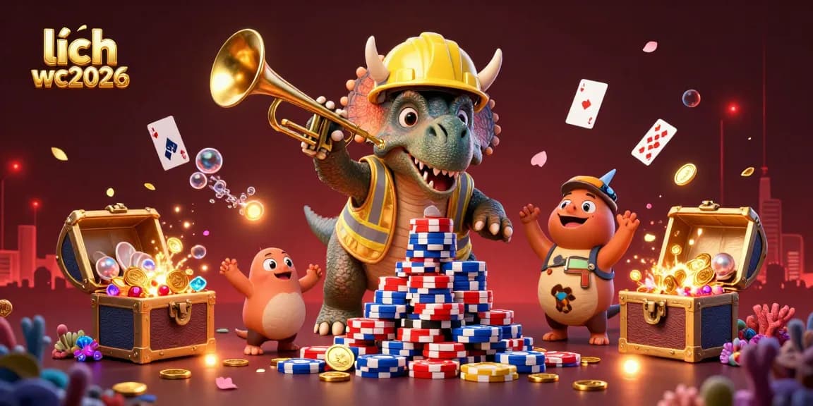 Celebrate the lịch wc2026 with a whimsical scene featuring a triceratops building poker chips.