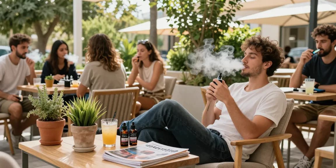 Can you vape in Cyprus? Relaxing outdoor gathering with friends enjoying premium vape products and CBD oil in a vibrant café.