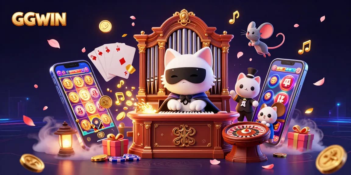 Engage in dazzling gameplay with GGWIN at a vibrant casino featuring whimsical characters.