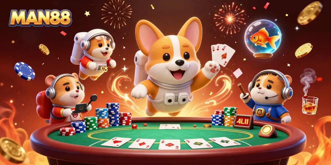 Experience the thrills at MAN88 with a vibrant 3D illustration featuring animated characters in a lively casino scene.