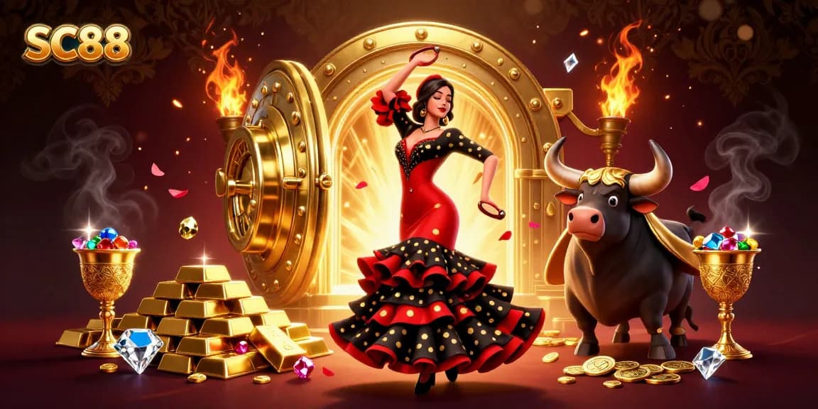 Engage with SC88's vibrant online casino experience featuring a flamenco dancer and a golden bull amidst treasures.