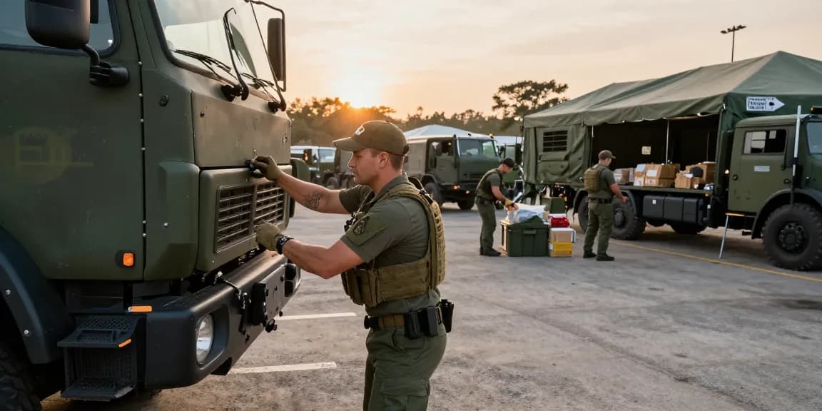 Transportation professional conducting vehicle checks at https://88m.lifestyle/ military base, emphasizing logistics teamwork.