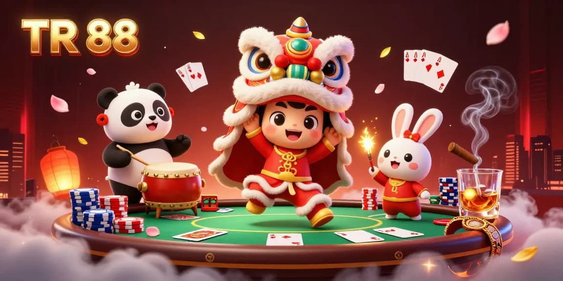 Experience thrilling moments at TR 88 with a vibrant scene showcasing a colorful lion dance, poker elements, and festive decorations.
