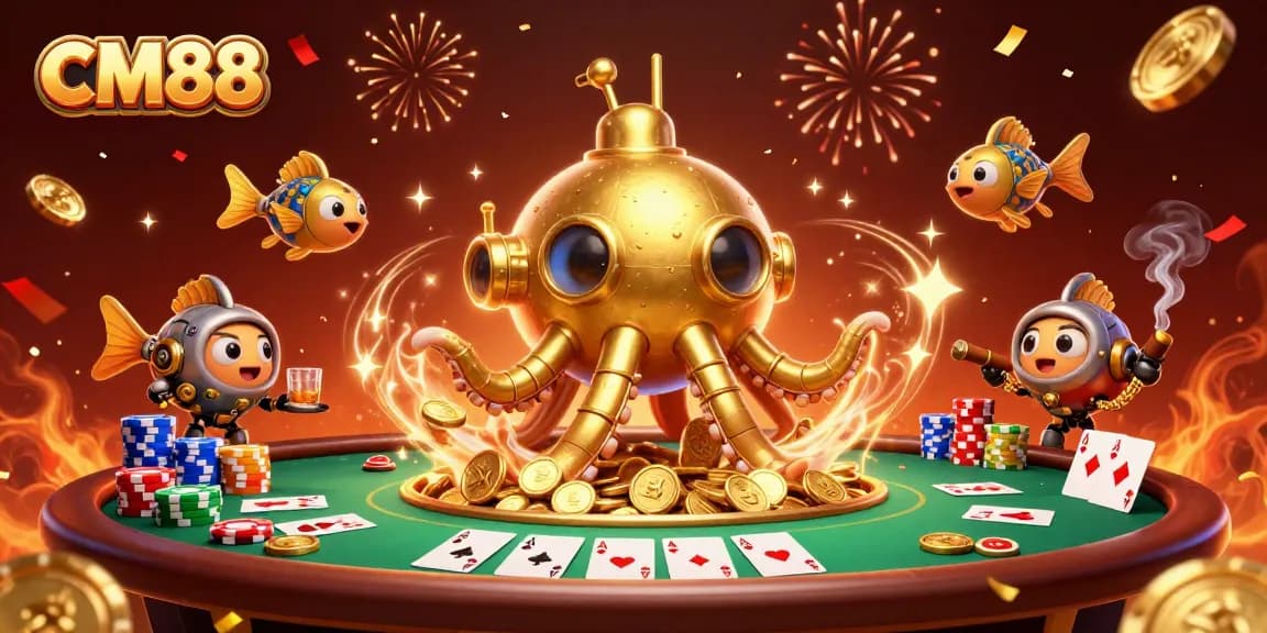 Experience thrilling poker action with CM88's golden kraken submarine amidst a treasure of coins and dynamic game elements.