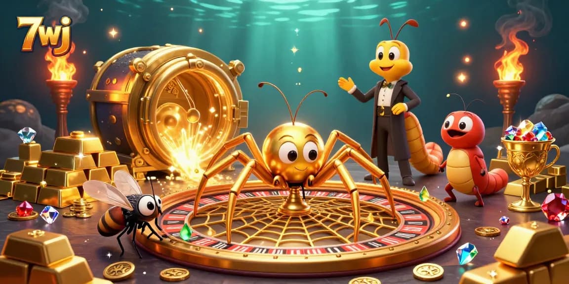 Experience thrilling bets with 7wj as a golden spider spins a roulette web in this vibrant casino scene.