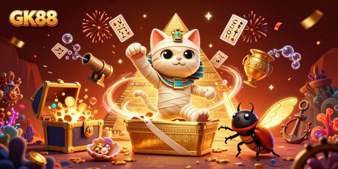 Experience the thrill of GK88 gaming with our vibrant Egyptian-themed casino scene packed with rich details.