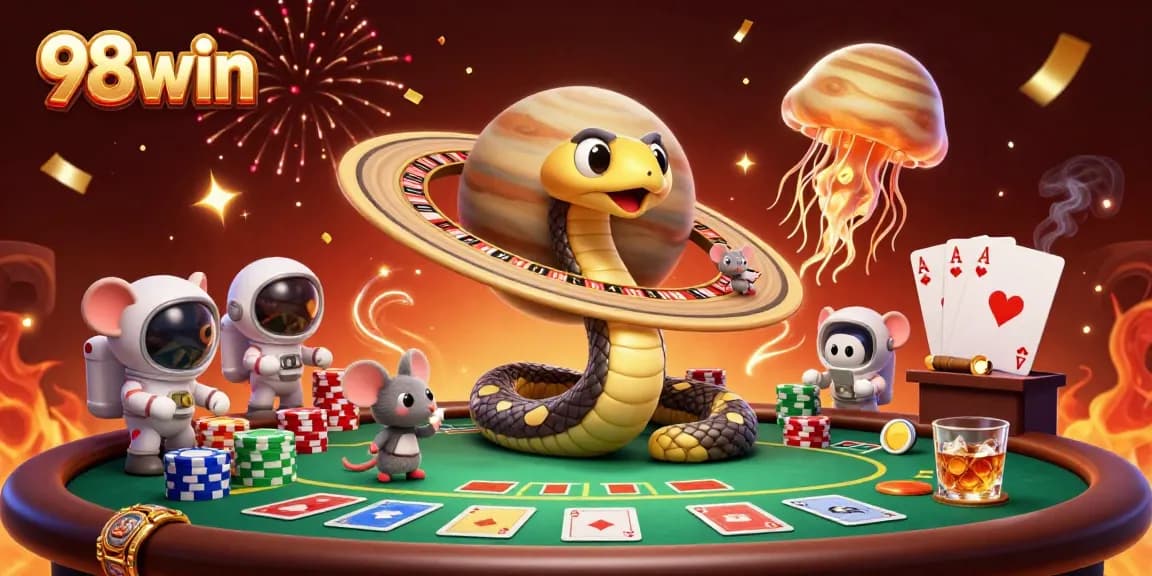 Experience thrilling bets with 98win in a vibrant 3D casino-themed illustration.