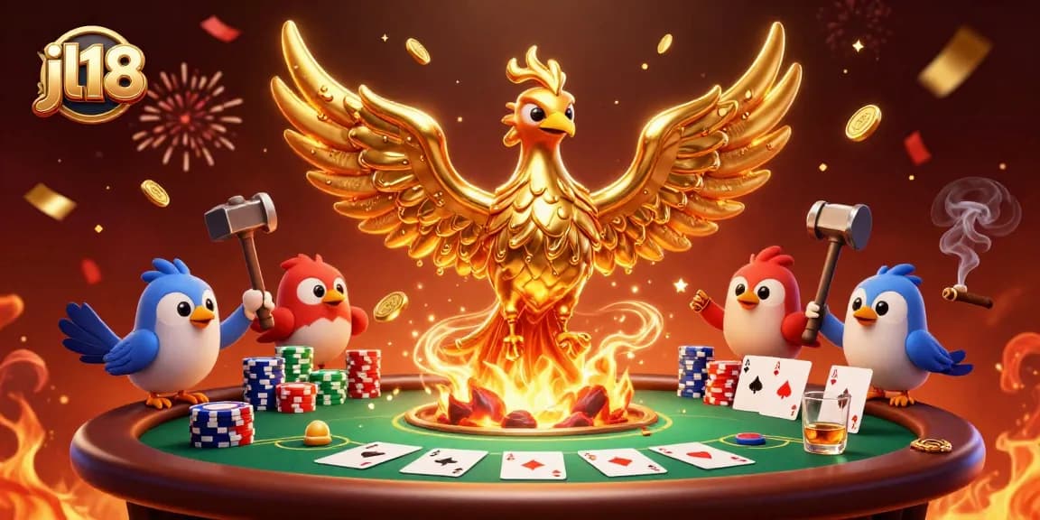 Experience thrilling gameplay at jl18 featuring a golden phoenix and poker elements in a dynamic casino scene.
