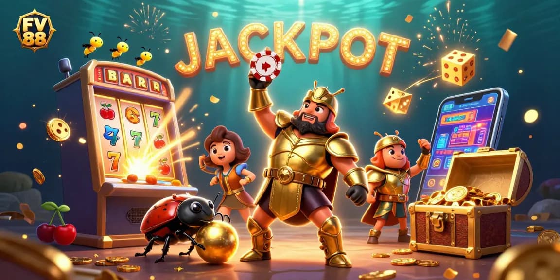 Experience the excitement of FV 88 with a jackpot scene featuring vibrant casino characters and elements.