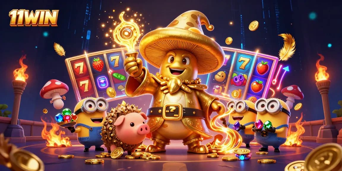 11WIN's enchanted slot scene featuring a golden mushroom wizard and treasures