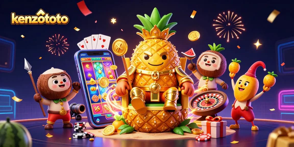 Experience thrilling casino action with kenzototo, featuring a golden pineapple king and vibrant slot elements.