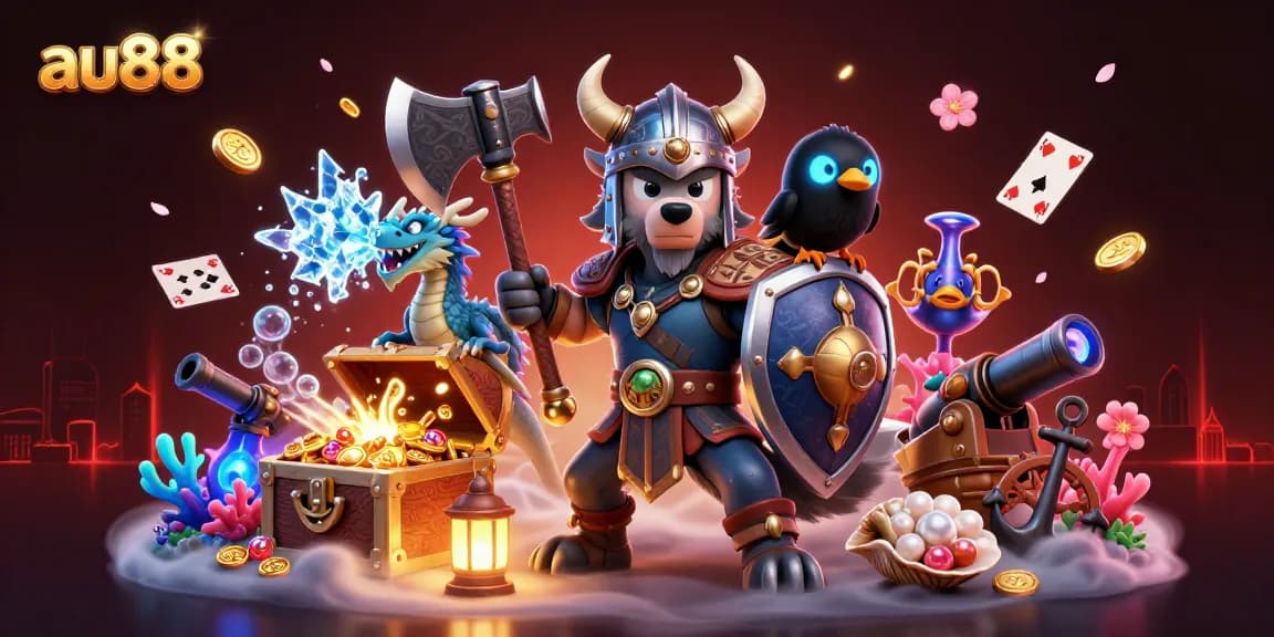 Experience excitement at au88 with a Viking wolf warrior, dragon, and vibrant casino action.