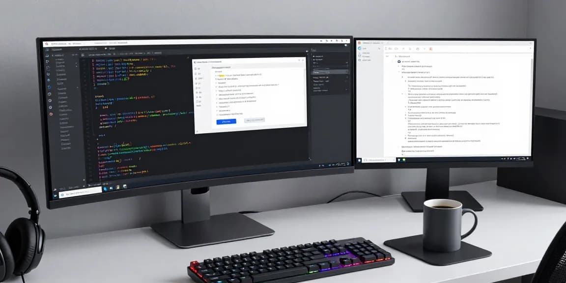 mb66: Advanced software development workspace with coding screen and high-tech gadgets.