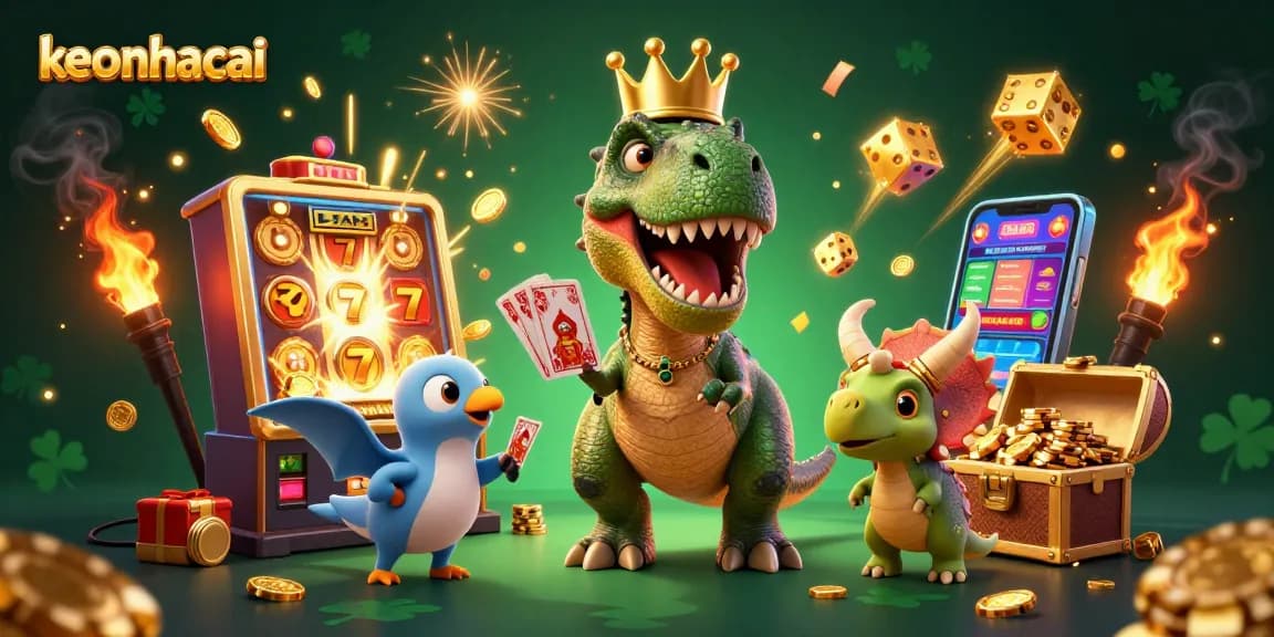 Experience thrilling keonhacai action with a charming T-Rex shuffling cards amid a vibrant casino atmosphere.