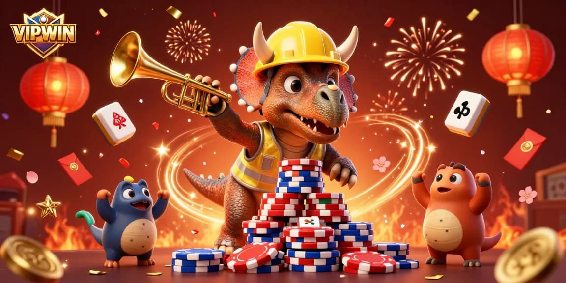 VIPWIN celebrates with dynamic casino excitement showcasing poker chips, confetti, and 3D characters.