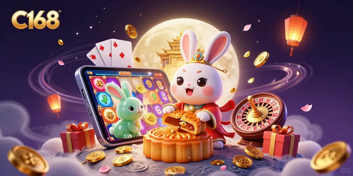 C168 offers exciting online gaming with a scene depicting a rabbit pounding mooncakes revealing poker chips, ideal for slots enthusiasts.