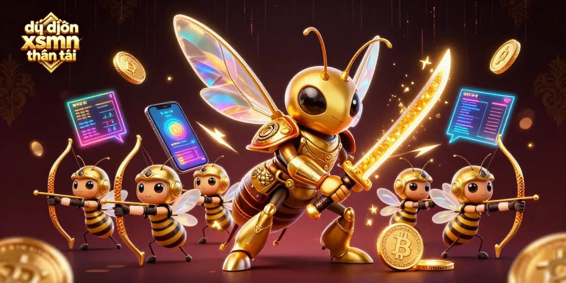 Engage with dự đoán xsmn thần tài insights, featuring a vibrant 3D illustration of a hornet samurai and casino elements.