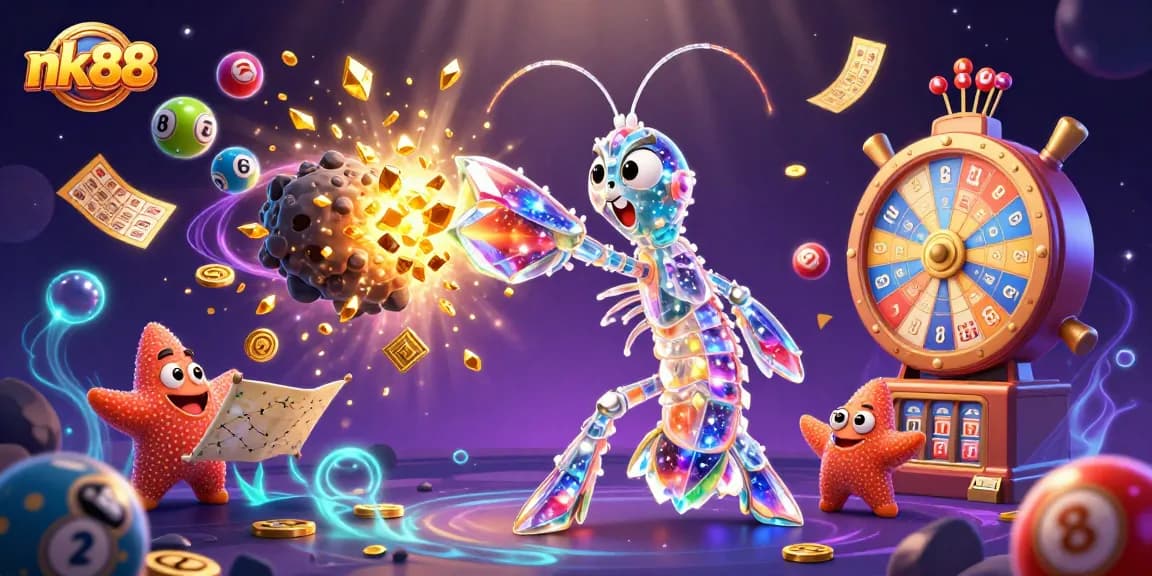 Experience thrilling nk88 gaming adventures with a galactic mantis shrimp battling in a vibrant casino scene.