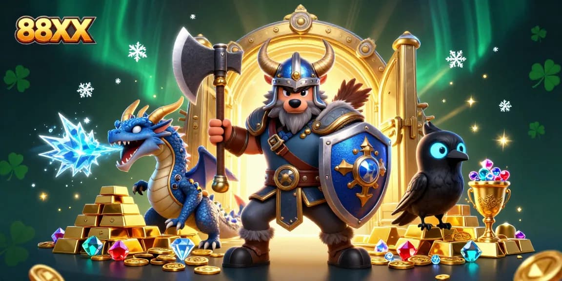Bet on 88XX using epic Viking, dragon, and treasure elements in a captivating casino scene.