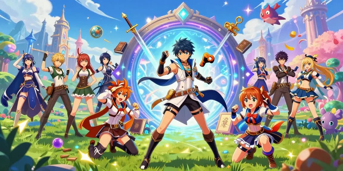 Diverse characters from ecchi games in a vibrant fantasy landscape showcasing unique styles and dynamic action.