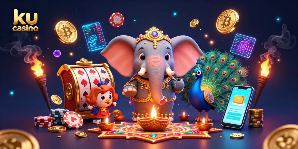 Experience thrilling gaming at ku casino with vibrant characters, slot reels, and crypto coins.