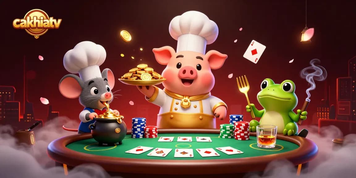 CakhiaTV showcases a vibrant 3D scene with a chef pig serving gold coins among dynamic poker elements.