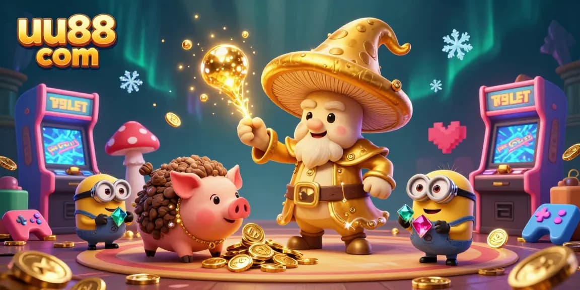 Experience the magic of gaming and treasure with uu88 com's vibrant casino scene, featuring mushroom characters and gems.
