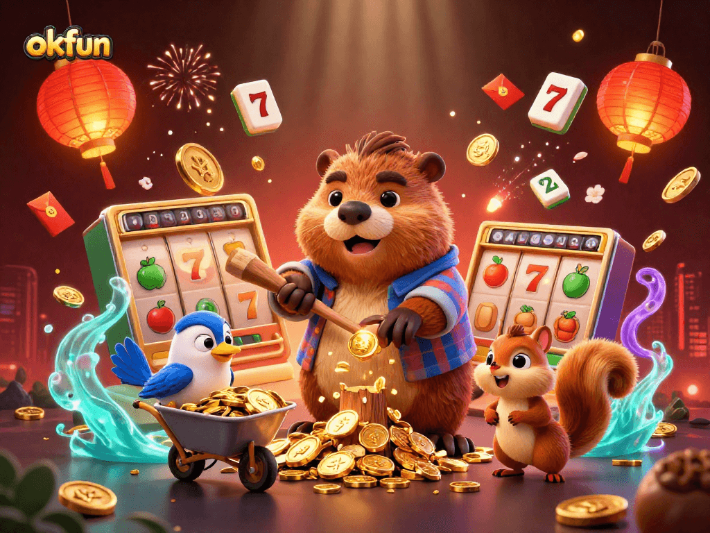 Engage with OKFUN's exciting gaming experience featuring cartoon characters, slots, and gold coins.