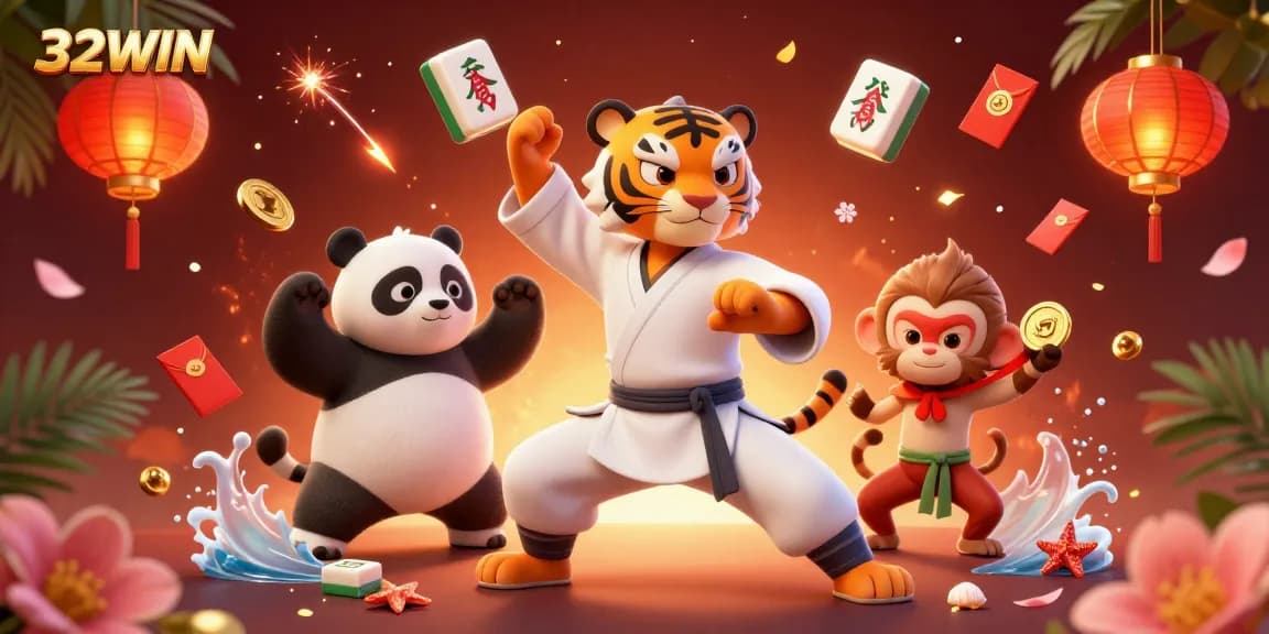 32WIN showcases a dynamic 3D casino scene with kung fu tiger and panda characters amidst gaming elements.