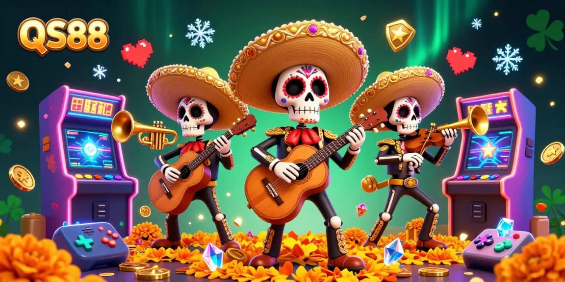 Interactive QS88 casino scene with mariachi skeletons and vibrant gaming elements.