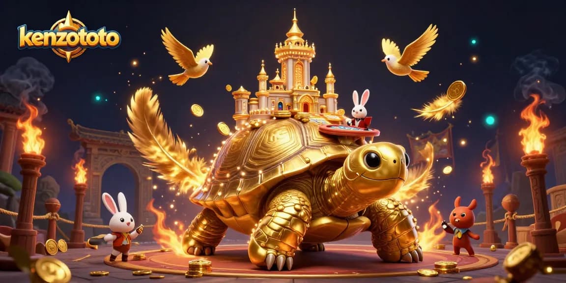 Play exciting games at kenzototo with a golden tortoise casino illustration showcasing winning potential.