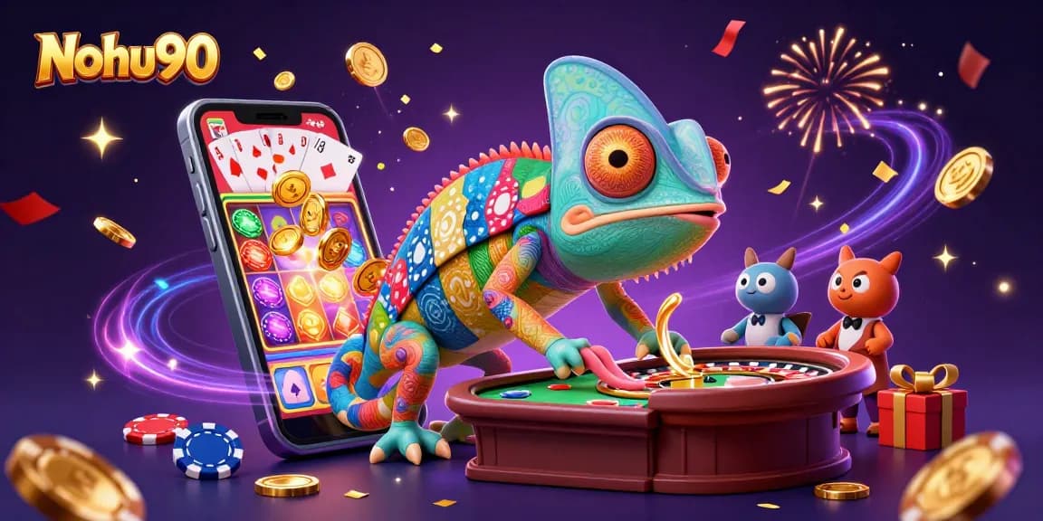 Nohu90 showcases a vibrant 3D chameleon casino owner snapping golden coins amidst lively slot games and poker elements.