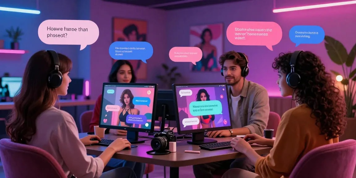 Engaging NSFW AI chat interaction with playful characters in a vibrant digital chat room.