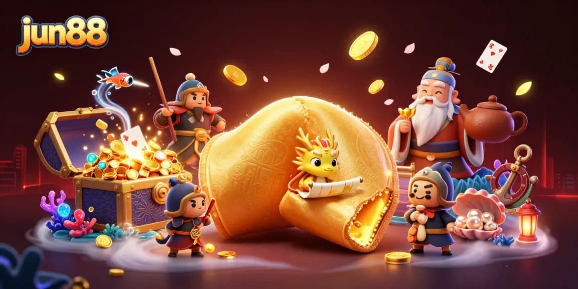 Join the excitement at jun88 with golden treasures and magical creatures in this vibrant casino scene.