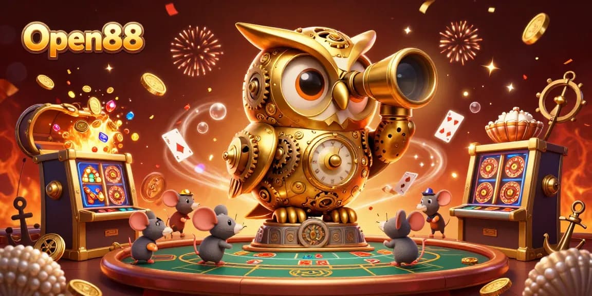 Experience gaming excitement at Open88 with a detailed 3D illustration of a golden owl and dynamic casino elements.