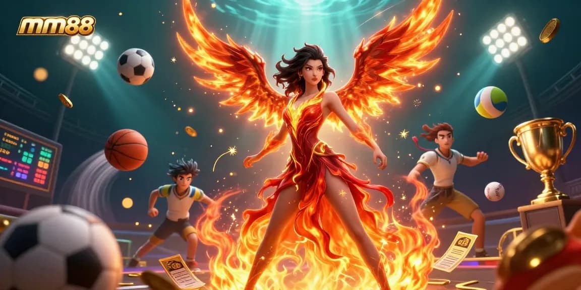 Experience thrilling gaming at mm88 with dynamic sports balls and a fiery phoenix in an exciting casino scene.